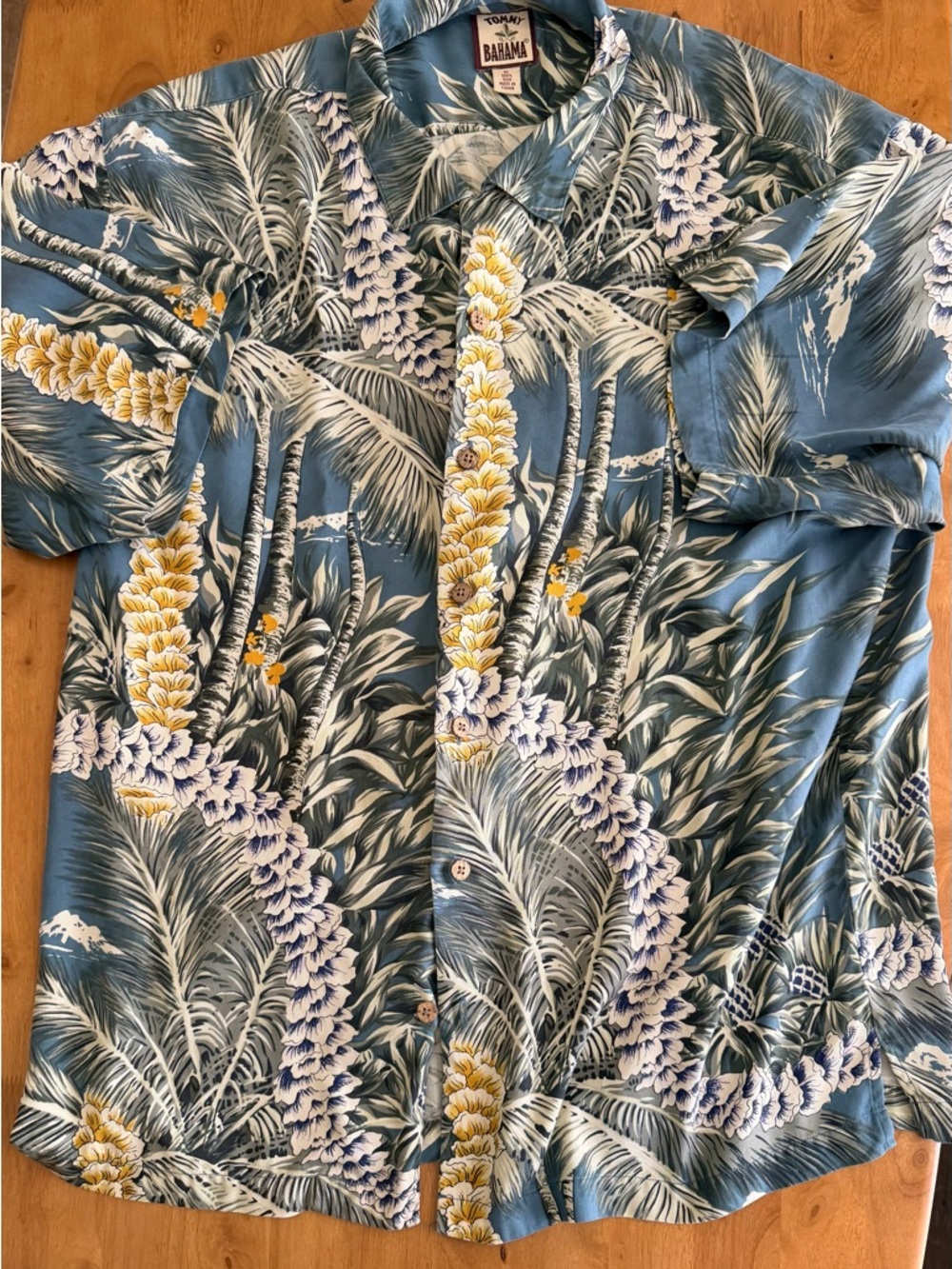 Tommy Bahama Blue Palm & Lei Print Hawaiian Shirt Silk